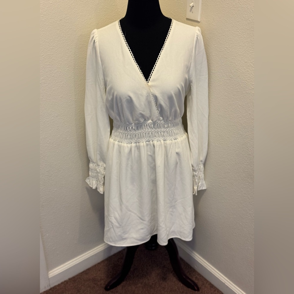 Wayf White Cream Smocked Puff Sleeve Dress A Line Long Sleeve M
